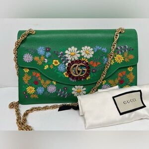 Gucci Linea Ricami Shoulder Bag Embroidered Leather Green Cat